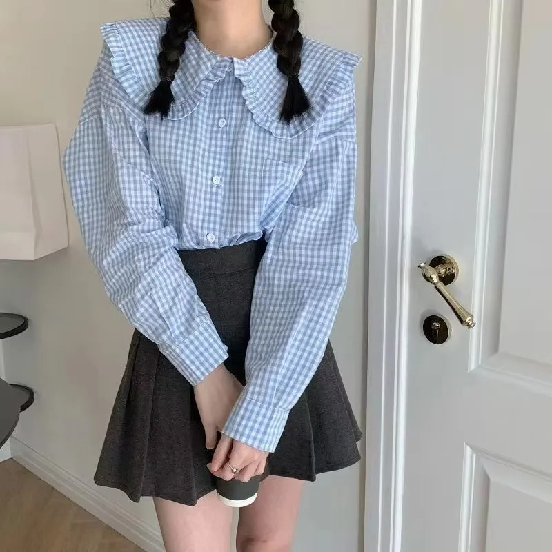 2025 spring casual Korean style peter pan collar striped blouse womens single breasted loose fit chic long sleeve shirts 250811