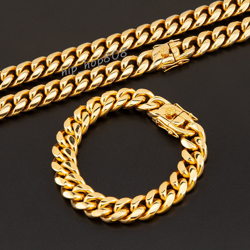PVD Chunky Hip Hop Jewelry 18K Gold Plated Silver 316L Stainless Steel Miami Cuban Link Curb Chain Bracelet Necklace for Men