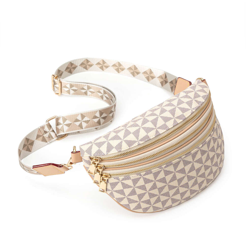 Lacel Urwebin Beige Triangle Pattern Fanny Pack, Women's Fashionable Waist Bag with Multi - Zipper Pockets, Adjustable Patterned Strap Crossbody
