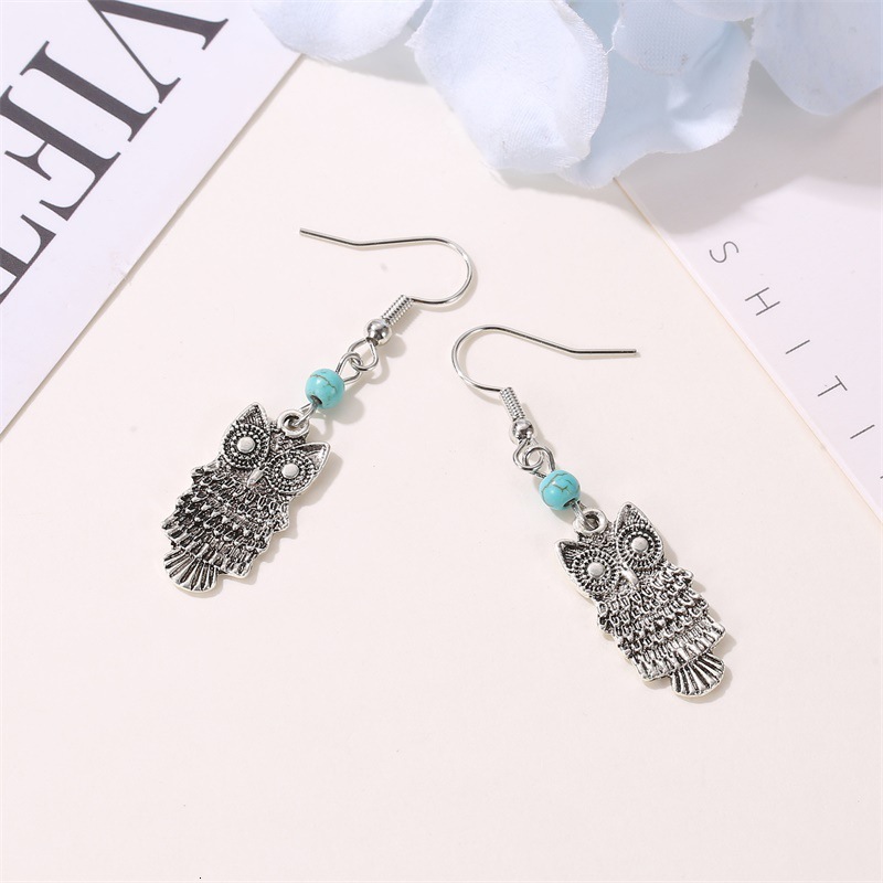 Ethnic Style Owl With Turquoise Inlay, Long Alloy Animal Earrings For Women