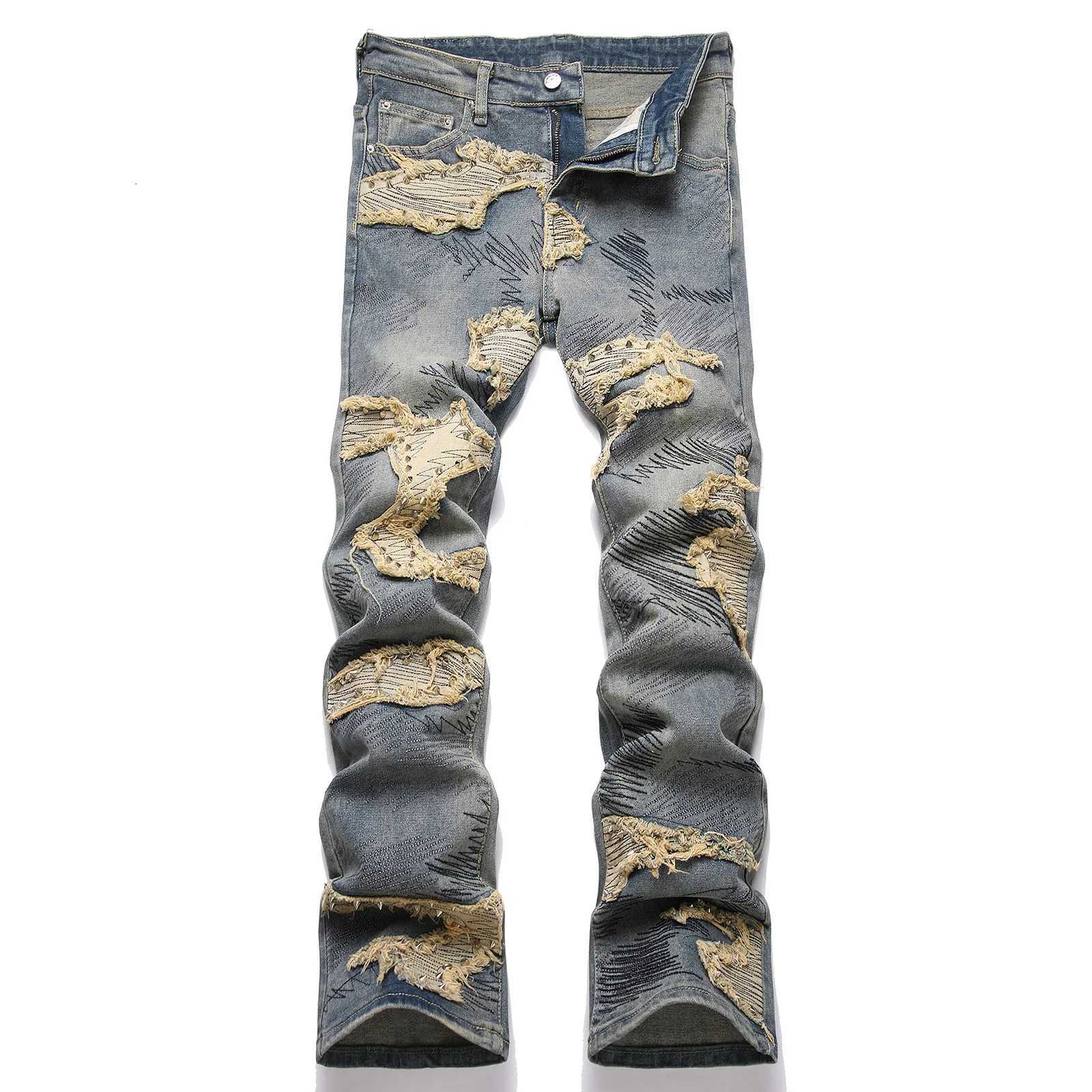 Men Boot Cut Jeans Punk Rivet Patch Distressed Stretch Denim Pants Vintage Blue Embroidery Slim Flared Trousers X250812