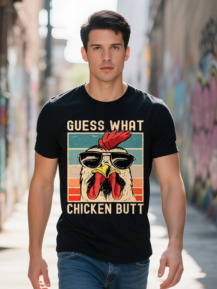 Men's What Butt Graphic T-Shirt Funny Casual Short Sleeve Summer Tee Black with Colorful Rooster Design Lightweight