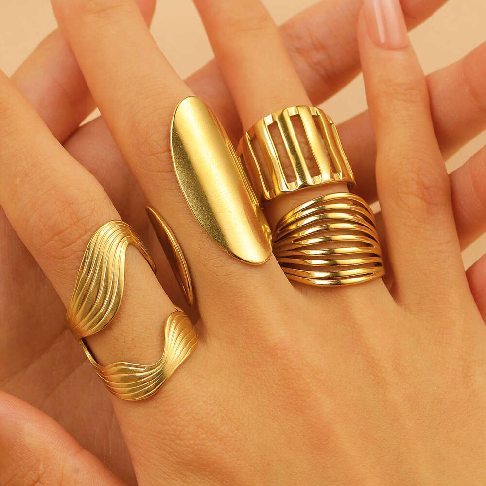 Real Gold Stainless Steel for Women High-end Color-blocking Water Drop Lava Geometric Ring
