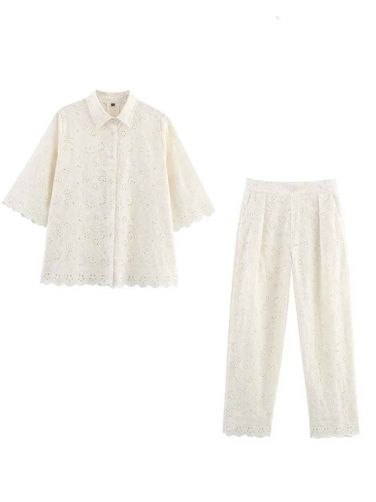 Solid White Hollow Floral Embroidery Long Pants Sets Women Turn Down Collar Shirts High Waist Trousers 2 Piece Lady Party Outfit 250811