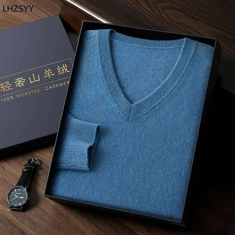 LHZSYY Autumn Winter 100%Pure Cashmere Sweater Men V-Neck Knit Pullover High-End Plus-Size Tops Youth Business Casual Warm Shirt 250812