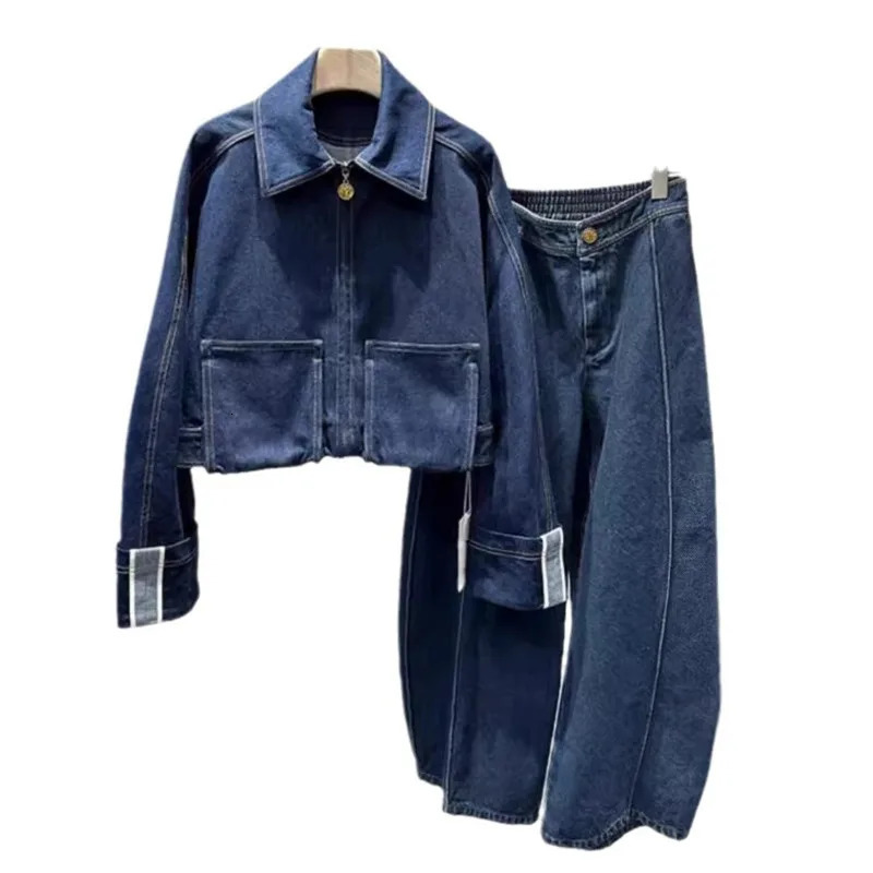 Fashion Womens Blue Denim Pants Suit Long Sleeve Denim Jacket With Large Pockets And Collar Chic Elastic Waist Wide-Leg Pants 250808