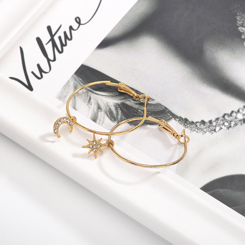 INS Asymmetric Two-Pair Fashion Star Moon Long Earrings Accessories