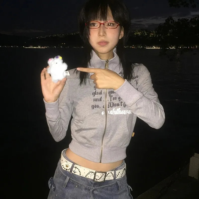 Karrram Japanese Y2k Cropped Jacket Vintage Harajuku Short Coat American Retro Letter Print Zipper Sweatshirt Grunge Outerwear 250811