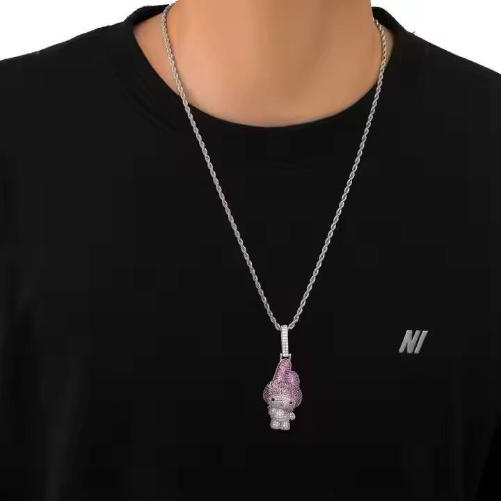 1 Inch Cute Pink Cartoon Character Iced Out Pendant Necklace 925 Silver Luxury Lab Grown Diamond Bling Jewelry for Women USA