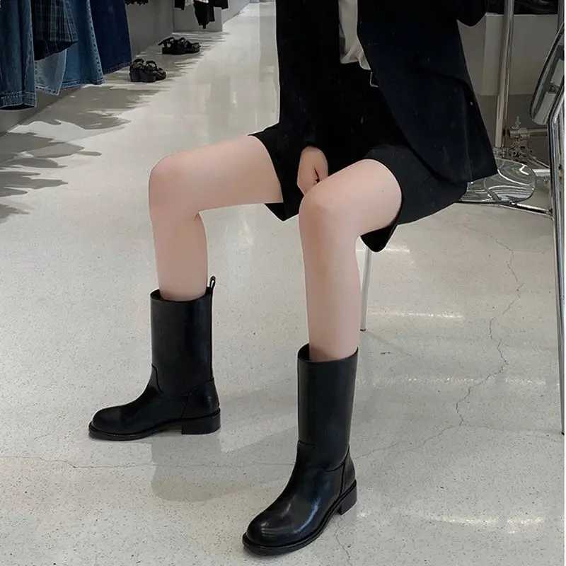 Biker Black Wern Punk Mid Calf Shoes For Wan Wens Boots Half High Round Toe Quality On Offer Comfortable Goth Footwear Y250812