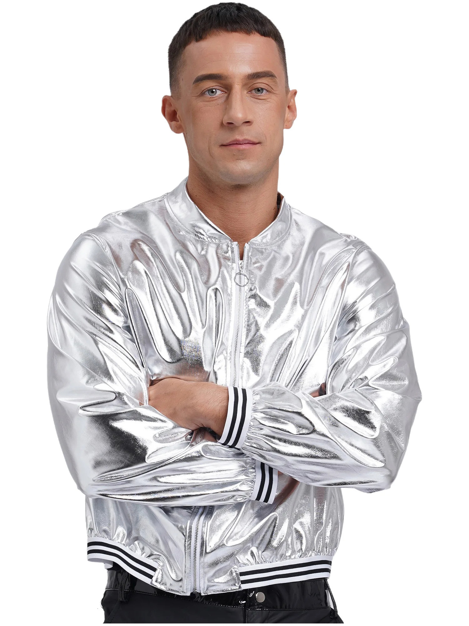 Mens Metallic Shiny Bomber Jacket Long Sleeve Zip Up Baseball Jackets Coat Rave Dance Party Festival Varsity Outerwear Clubwear 250811