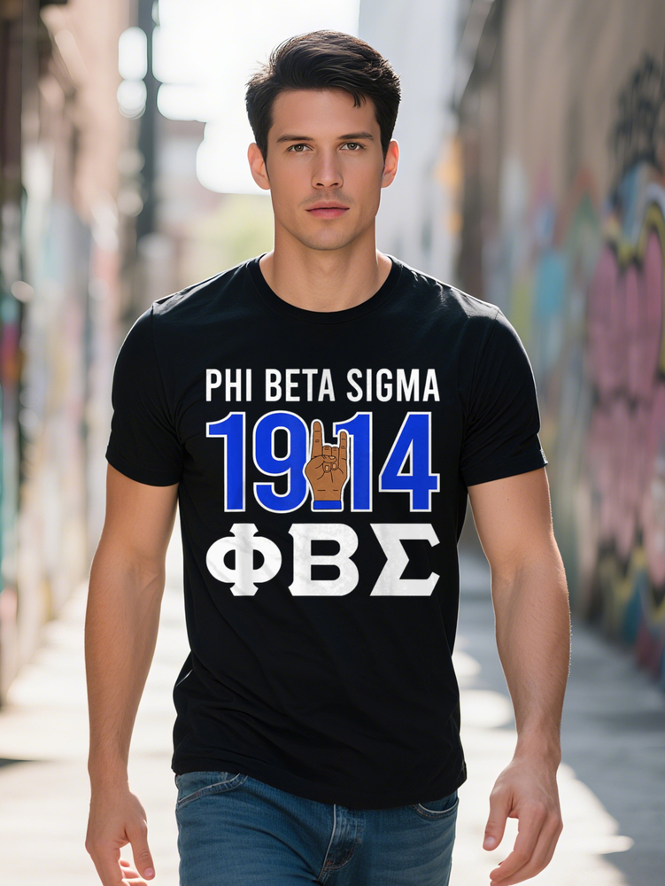 Phi Beta Sigma T Shirt Black with Bold Blue White Greek Letter Design Year Print Hand Gesture Detail Soft