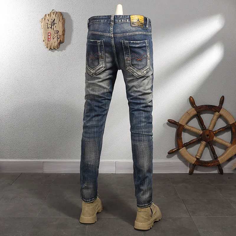 Dark Blue Vintage Make Old Ripped Patch Jeans Men 2024 New Street Locomotive Fashion Mens Clothing Stretch Slim Fit Pants X250812