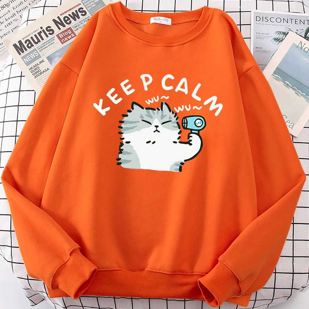 Fun Cat Using Hair Dryer Cute Print Hoodies Men Women Funny Print Japan Fashion Hip Hop Sweatshirt Autumn Fleece Pullover Hoody Y250811
