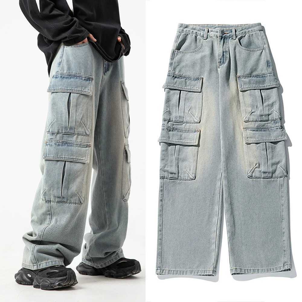 2025 New Workwear Multi Pocket Design Jeans Mens Old Wash Vintage Japanese Casual Pants China-Chic Loose Wide Leg Pants X250812