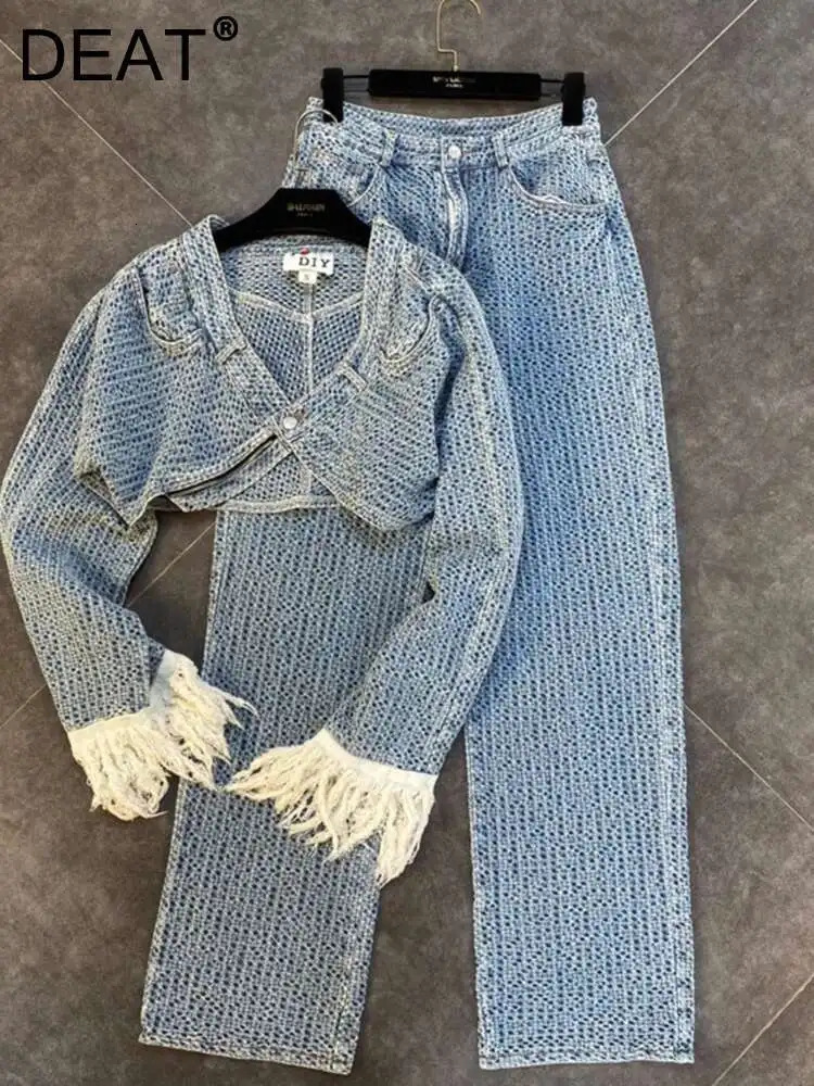 DEAT 2025 Spring Items Long Tassel Sleeve Single Button Denim Short Jacket High Waist Full Jeans Two Piece Set Women MK359 250808