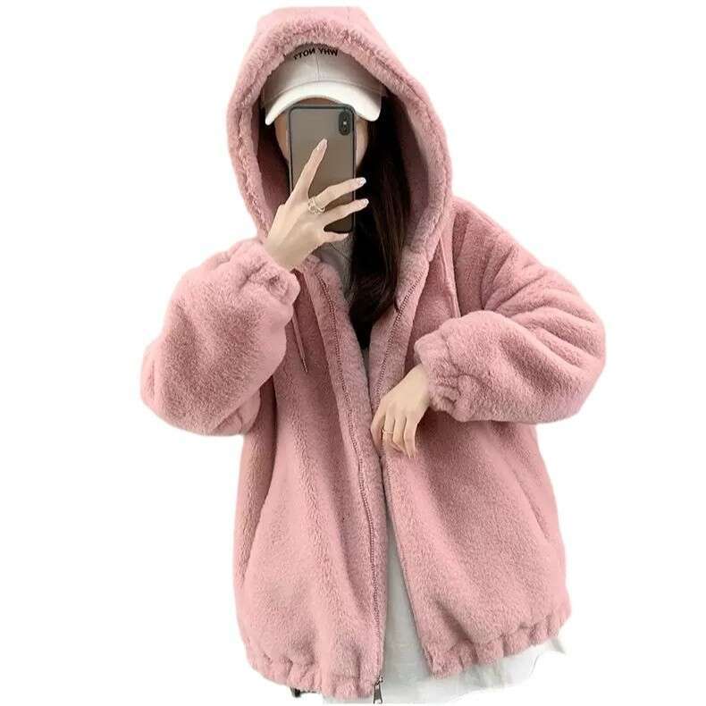 Imitation Lazy Rabbit Fur Fur Women's Medium to Long Loose Thick Lamb Fur Coat Hooded Fur Plush Coat
