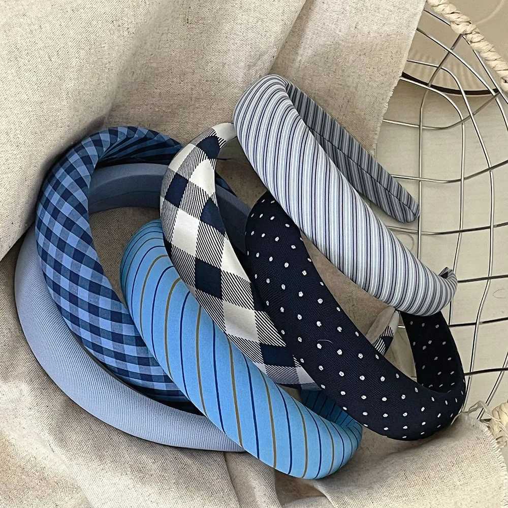Vintage Blue Plaid Striped Padded Hairbands Ins Fashion Wide Band Wen Elegant Hair Hoop Wrap Non-Slip Hair Accessories X250812