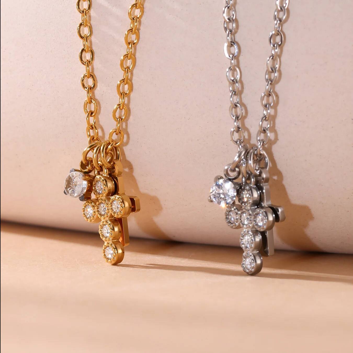 Nivora Stainless Steel Zircon Double Layer Cross Pendant Chain Necklace For Women PVD Gold Plated Neck Daily Wear Party Jewelry