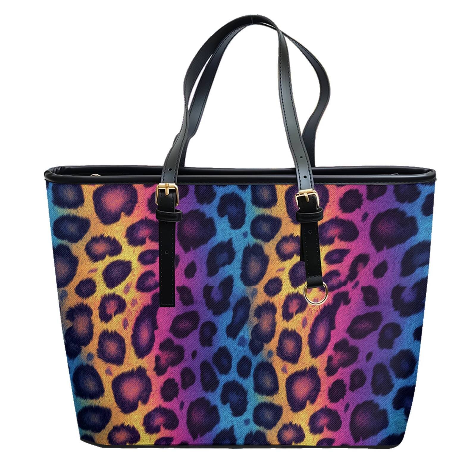 Fluid Vortex Leopard Printed Travel Tote Shoulder Bag Oxford PVC Leather Zipper Lightweight Daily Convertible Work Weekend Purse