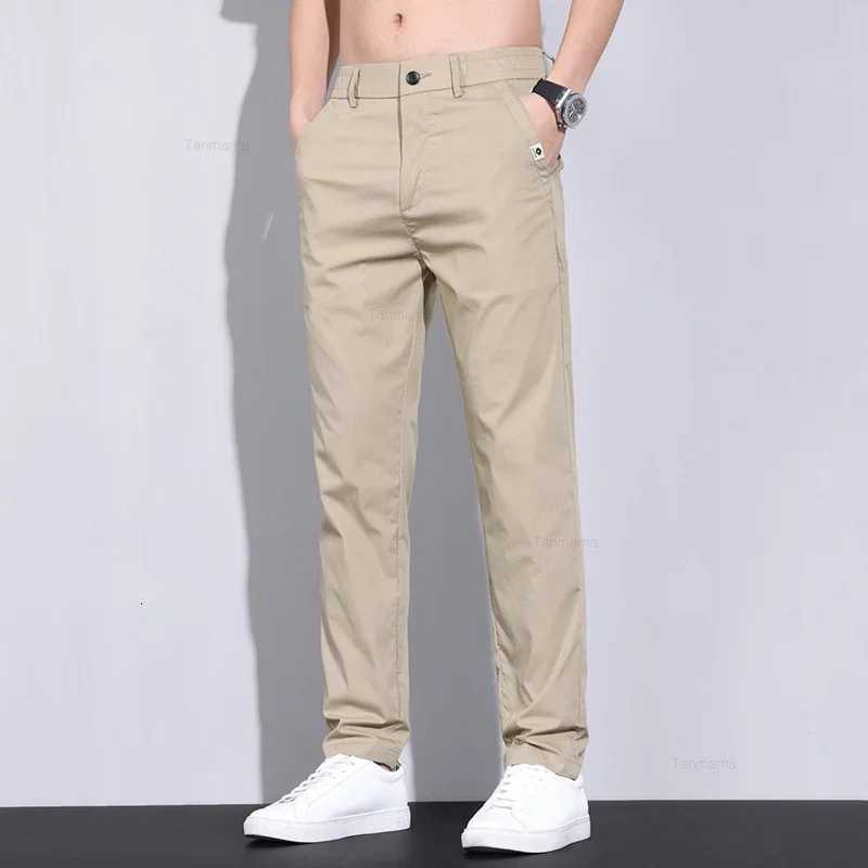 Ultra-thin Elastic Mens Casual Pants 2024 Summer Ice Silk Cotton Fashion Slim Straight Business Trousers Black Gray Khaki W250812