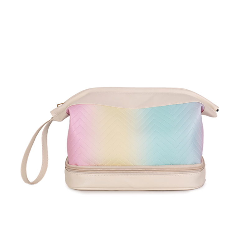Trendy Gradient PU Makeup Skincare Storage Travel Large Capacity Double Layer Toiletry Bag Fashion