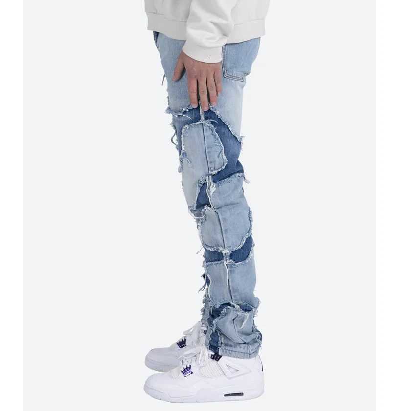 High Street Style Patchwork Frayed Jeans Pants for Men Retro Washed Hole Ripped Casual Loose Denim Trousers Oversized X250812