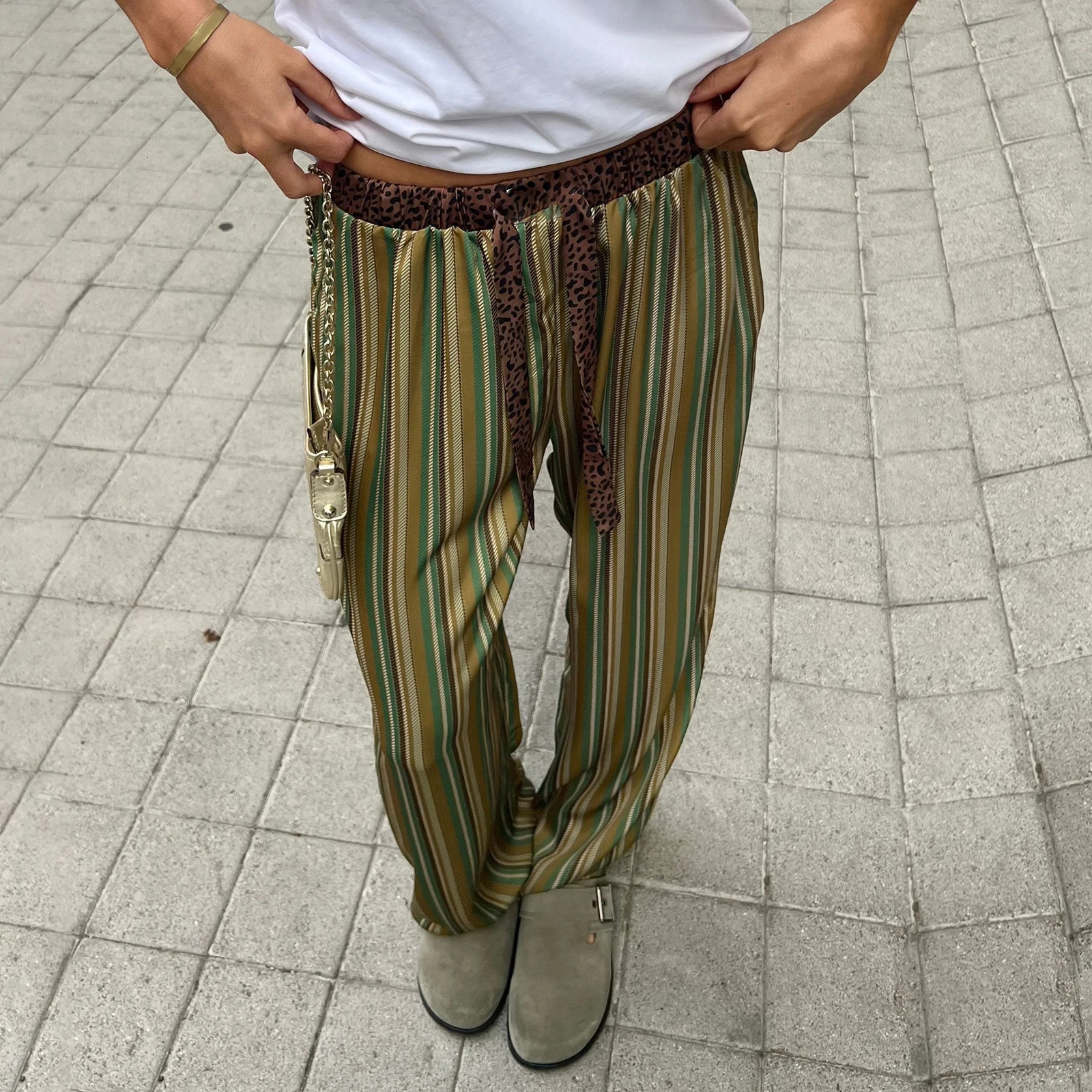 Women Y2k Plaid Wide Leg Pants Loose Elastic Waist Striped Patchwork Lounge Pjs Trouser Vintage Going Out Streetwear 250811