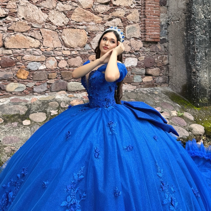 Royal Blue Shiny Quinceanera Dresses Off The Shoulder Applique Flower Bow Beads Tull Party Birthday Ball Gown Vestidos De 15 Anos Sweet 16 Dress