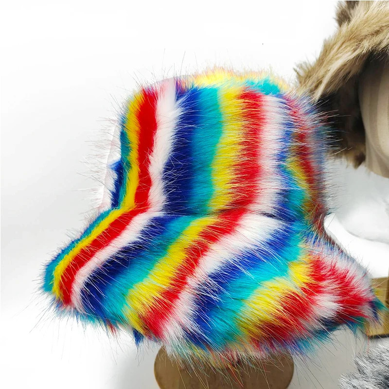 Rainbow Stripe Fluffy Artificial Fur Womens Hat Plush Bucket Hat Winter Warm Fisherman Hat Personalized Basin Hat 250808
