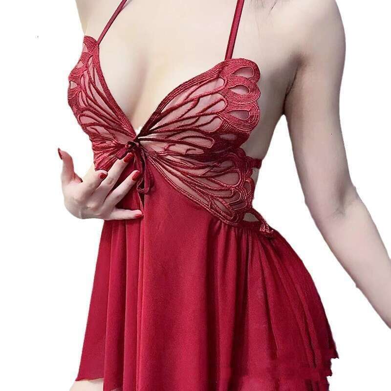 Sexy Lingerie Pure Desire Style Nightdress for Women Hot Butterfly Transparent Uniform Temptation Pajama Set A02
