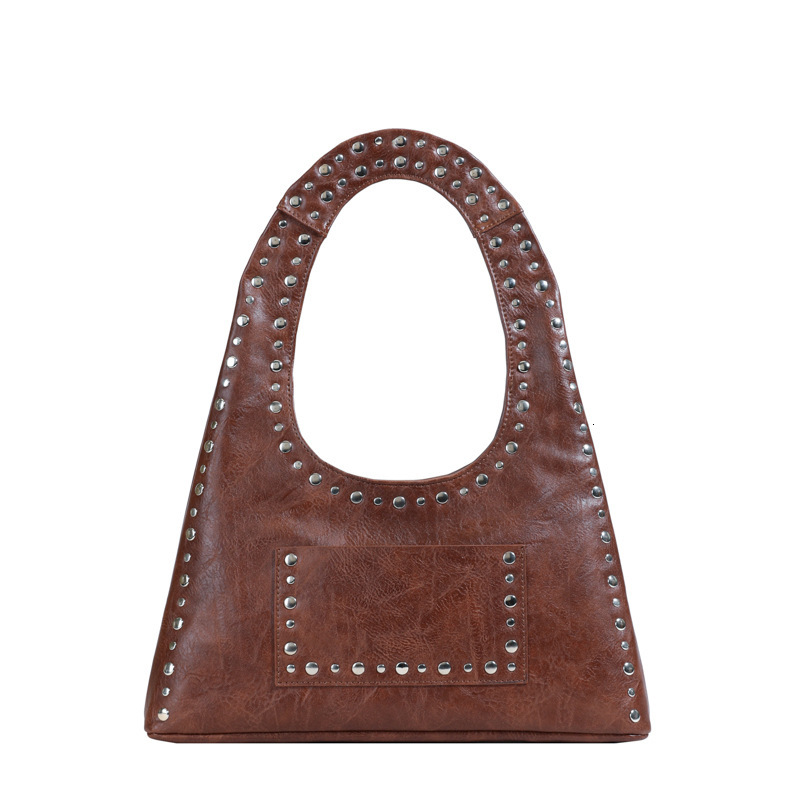 Studded Single Shoulder Underarm Fashion Motorcycle Oil Wax Leather Simple Post-Apocalyptic Style Large Capacity Tote Bag