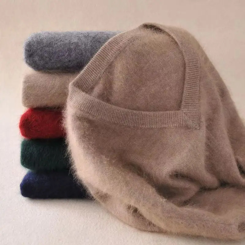 Autumn And Winter Warm Pure Mink Cashmere Sweater Mens V-neck Pullover Thickened Plus Size Knitted Bottoming Shirt 250806