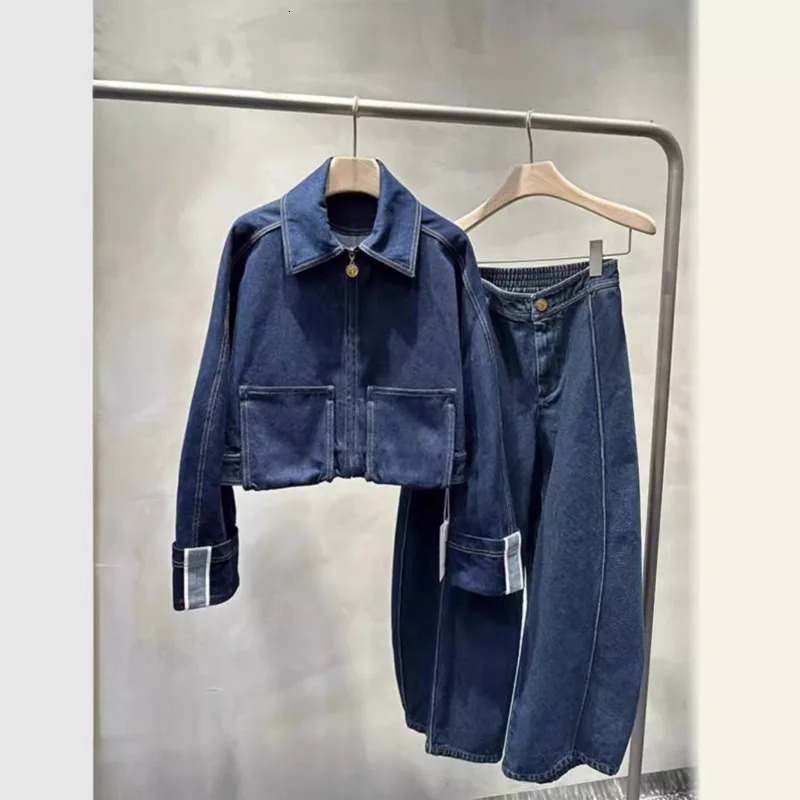Fashion Womens Blue Denim Pants Suit Long Sleeve Denim Jacket With Large Pockets And Collar Chic Elastic Waist Wide-Leg Pants 250808