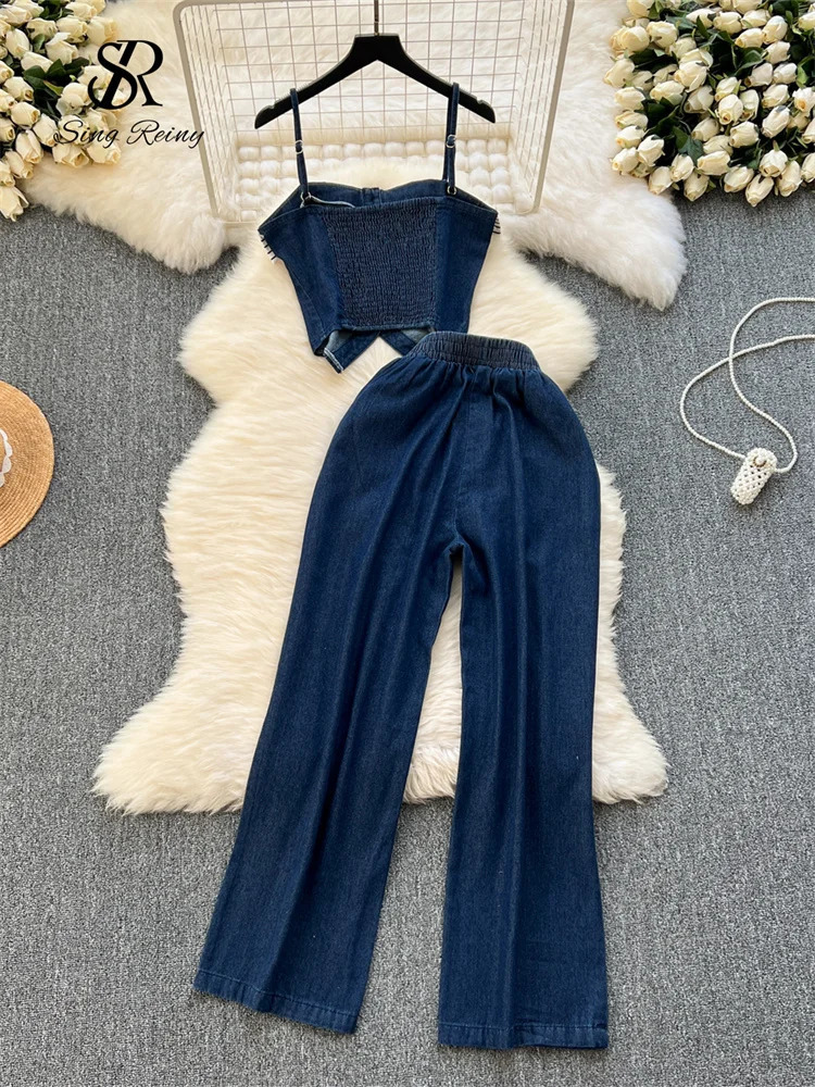 SINGREINY Chic Denim Sets Strap Sleeveless Stripe CamisBasics Wide Legs Pants Fashion Streetwear Vacation Style Vintage Suits 250806