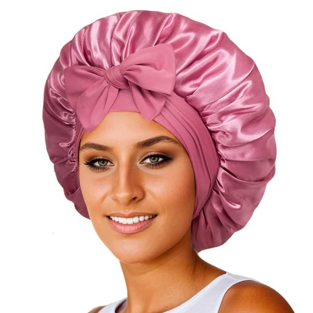 Women Satin Bonnet Solid Sleeping Hat Stretchy Tie Band Elastic Night Shower Cap Adjustable Hair Head Cover Bonnet for Women XJ250812