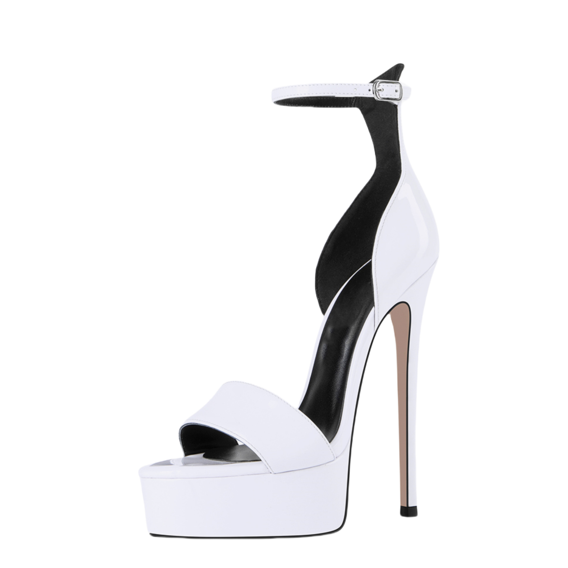 Fluorescent Green Platform Sandals - 8cm+ Stiletto Heels Glossy PU Ankle Strap Show Shoes (Electric Green/Black/White)