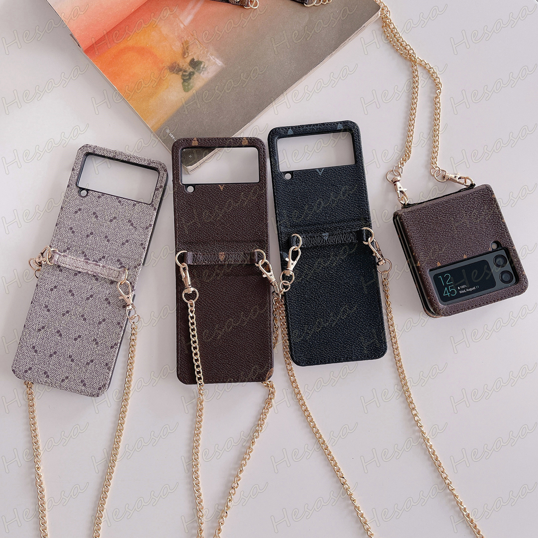 Luxury Shoulder Chain Phone Case for Samsung Galaxy Z Flip 7 6 5 4 3 Full Leather Protection Anti-drop Portable Flip7 Flip6 Flip5 Flip4 Flip3 Crossbody Designer Cover