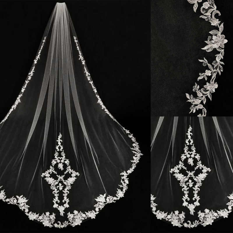 Real Image Cheap Chic Wedding Veils Three Meters Long Veils Lace Applique Lace One Layers Cathedral Length Bridal Veil