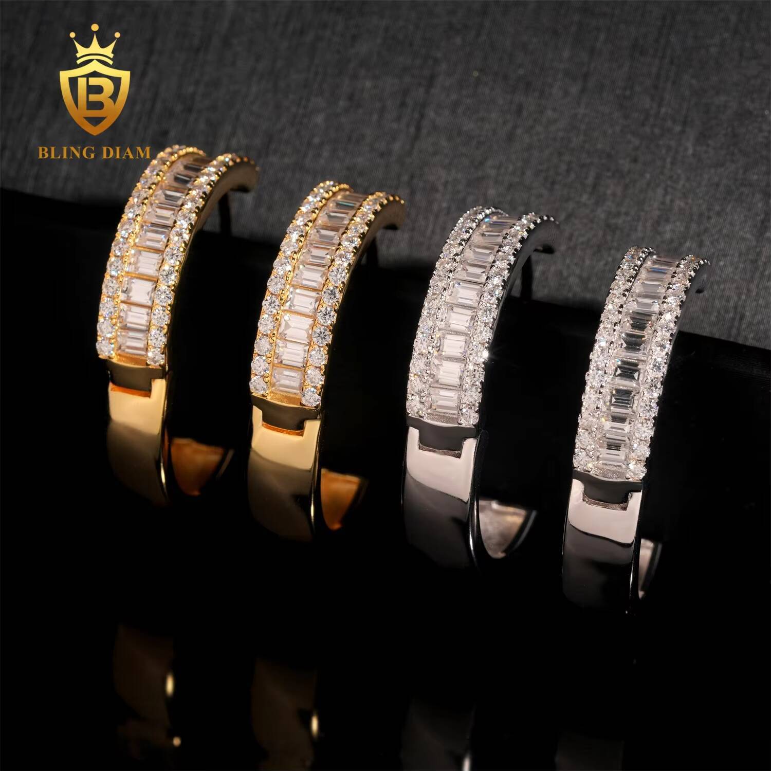 Factory Direct GRA Certificate New Style Iced Out 925 Sterling Silver Baguette Diamond Hip Hop Moissanite Hoop Earrings