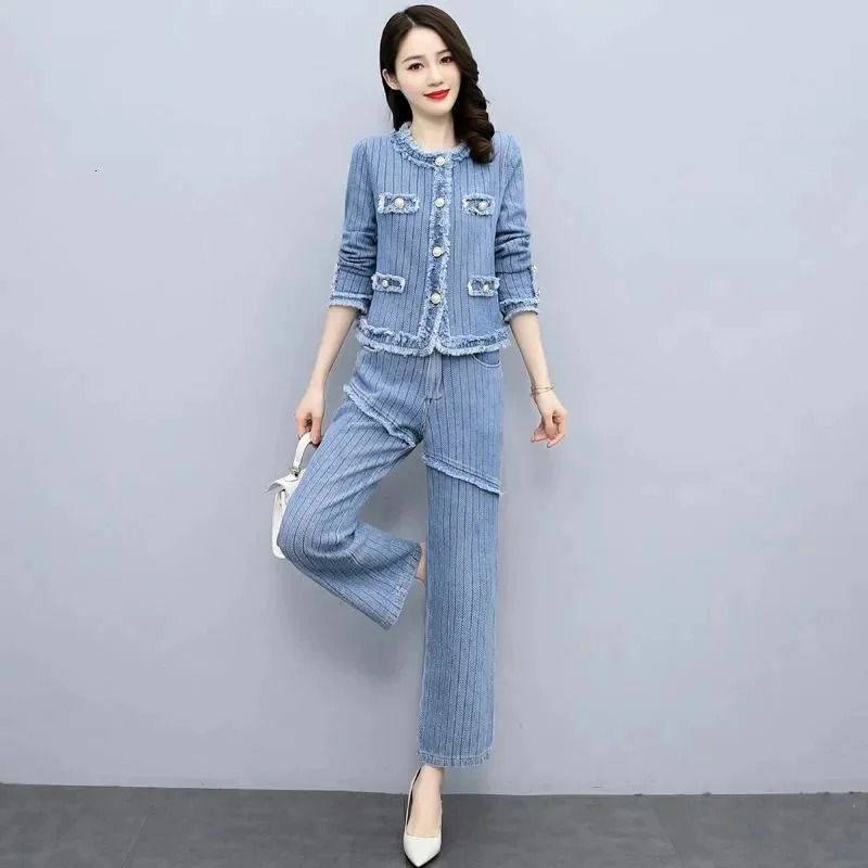 Retro V-Neck Denim Jacket Wide-Leg Pants Suit Womens Spring Autumn Long-Sleeved Jacket Two-Piece Suit Female Sets Jeans 250808