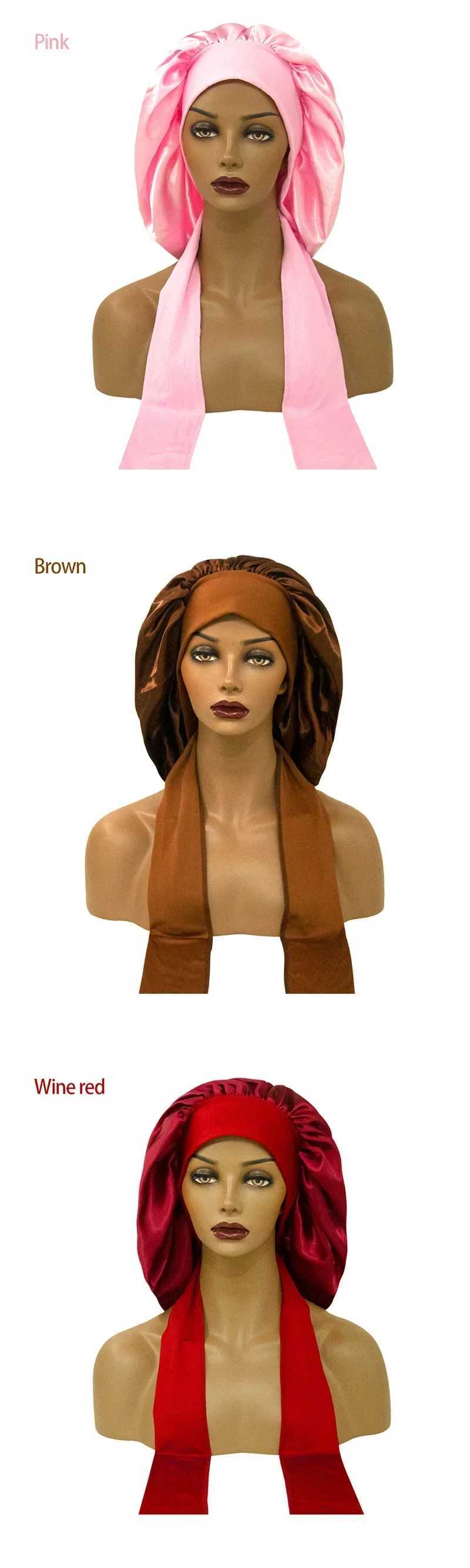 Women Satin Widened Sleep Hat Night Sleep Cap with Long Streamer Hair Care Bonnet Nightcap Elastic Cap De Nuit Shower Turban XJ250812