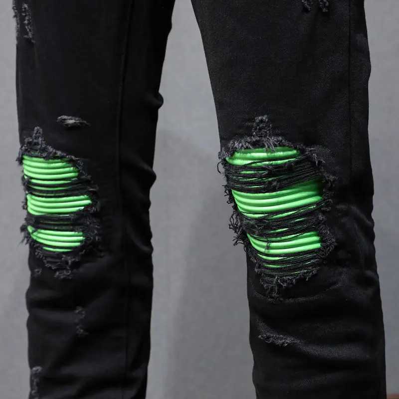 Fashionable new mens black jeans washed nostalgic stretchy slim fit green patch jeans high street designer hip-hop brand X250812