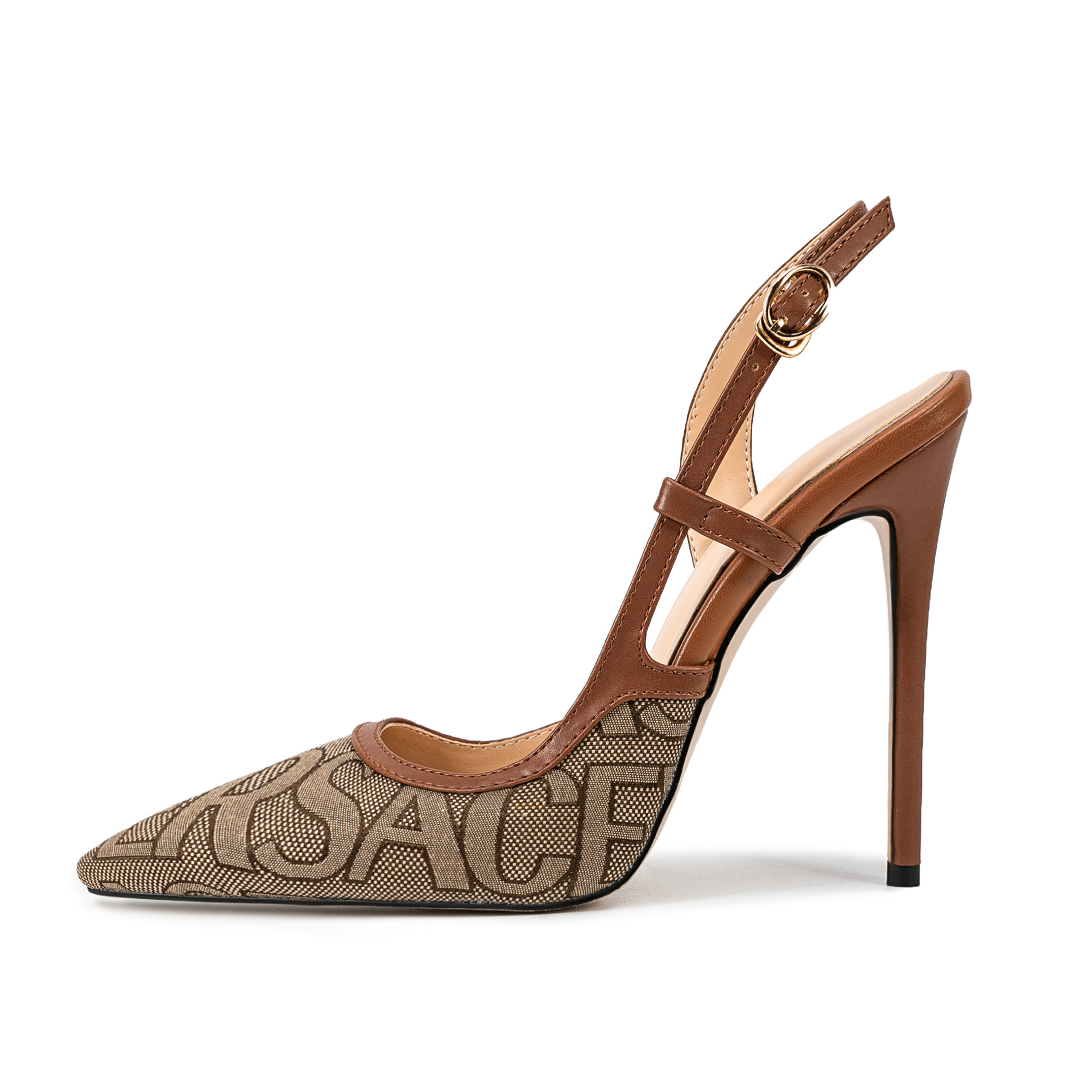 Runway Stiletto Sandals - Letter Ankle Strap Pointed Toe Heels (8cm+) Black and Brown