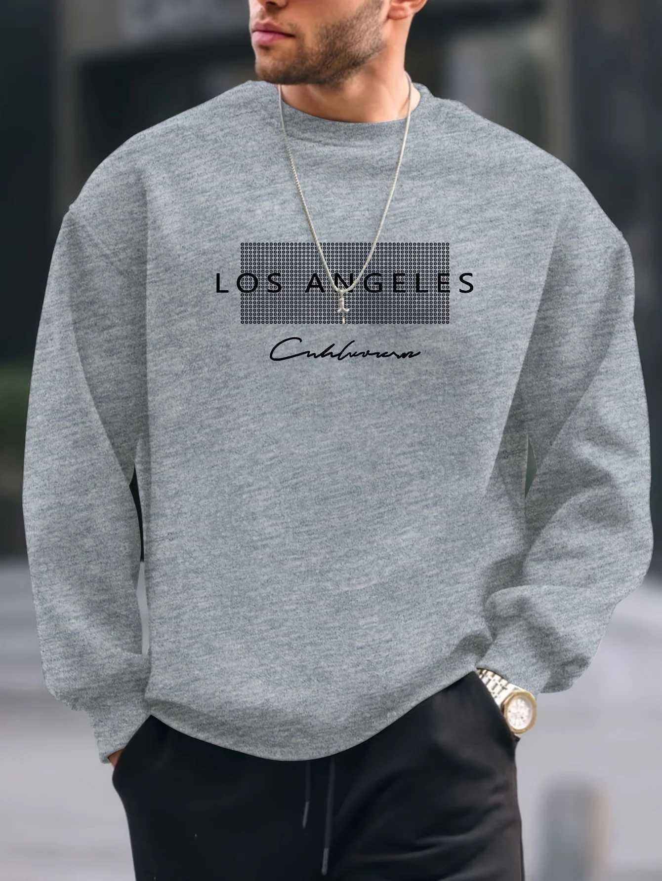Mens autumn and winter fashionable casual loose Los Angeles letter printed fleece pullover round neck long sleeved sweatshirt Y250811