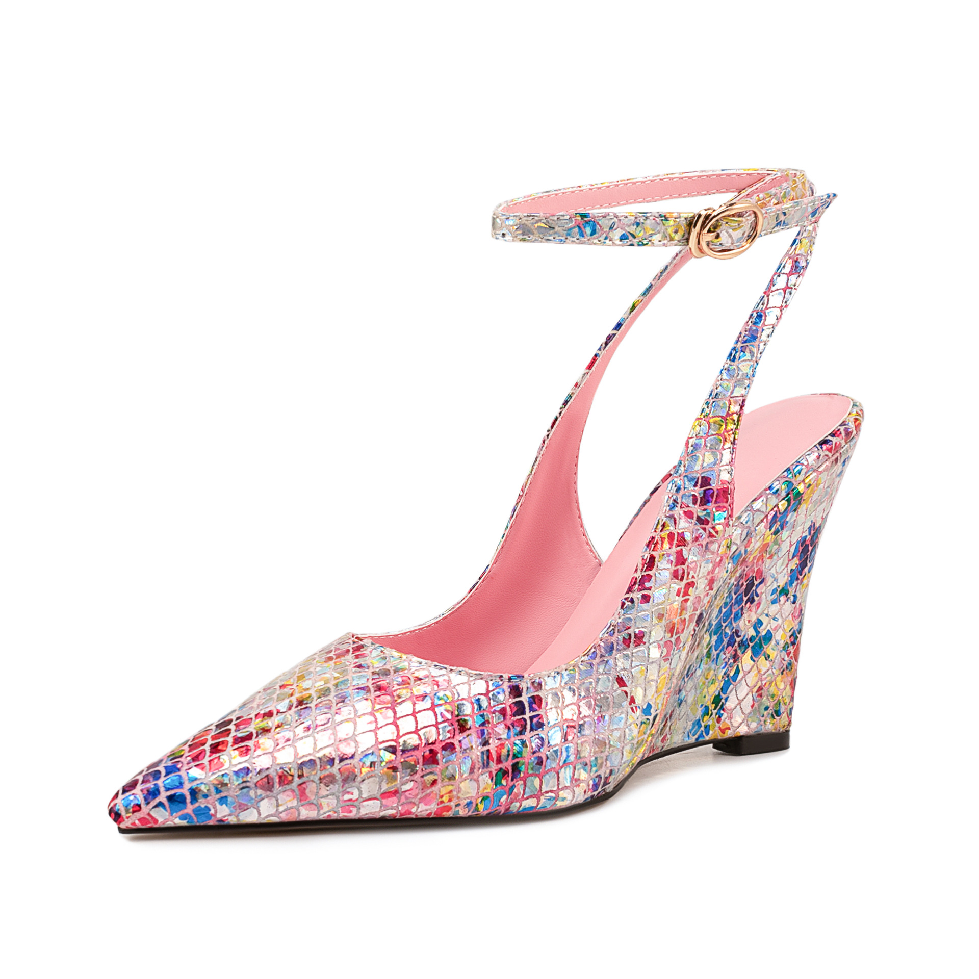 Glitter Sequin Platform Sandals - Animal Print Pointed Toe Ankle Strap Wedges (Multicolor/Black/Pink)