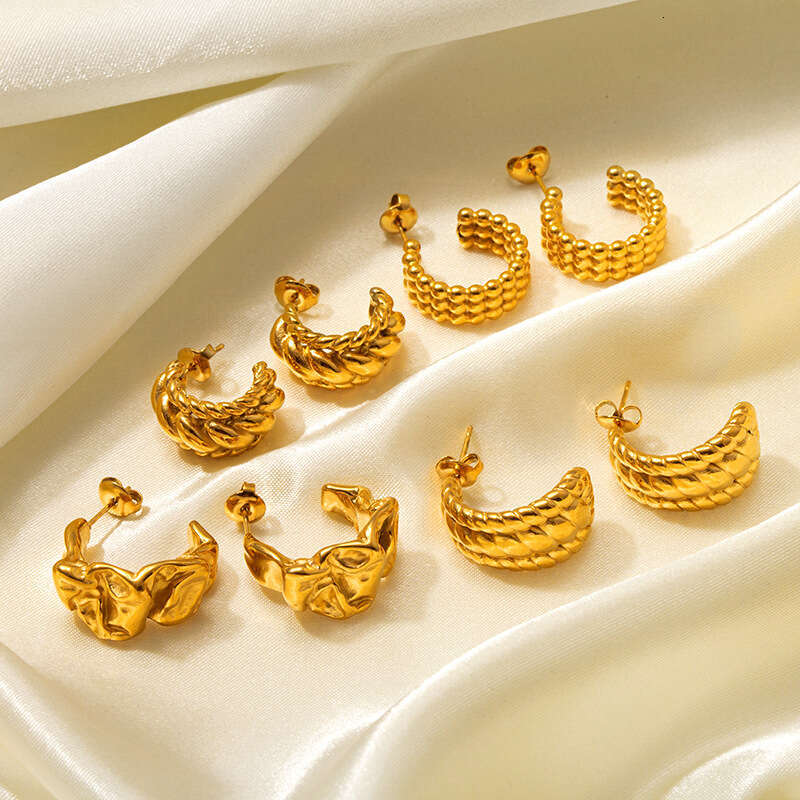 Gold Stainless Titanium Steel C-Shaped Irregular Metal Ball Splicing Lava Texture Wrinkle Earrings Studs Ear Jewelry