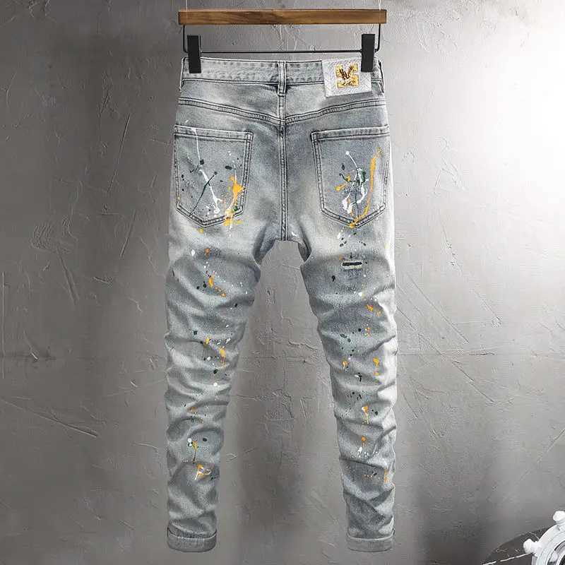 Mens Casual Spring Autumn Pencil Pants Patchwork Washed Hiphop Distressed Slim Designer Luxury Clothing Ink Jet Boyfriend Jeans X250812