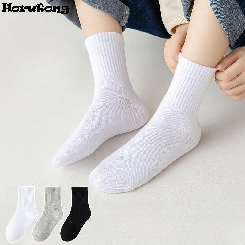 Horetong 5 Pairs Pure Cotton Soft Student Socks Breathable Absorbing Sweat Sport Boys Girls Middle Tube Sock For 313 Year 250812