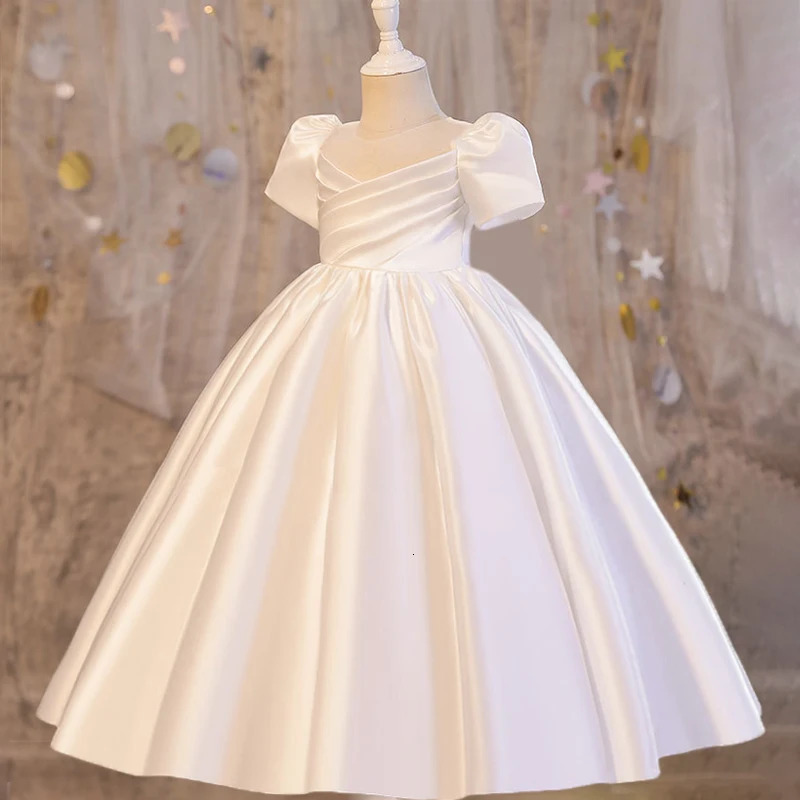 Elegant Satin White Bridesmaid Girl Party Dress Cerenony First Communion Wedding Princess Prom Kids Dress for Girl Birthday Gown 250811